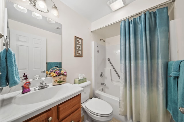 full bathroom with visible vents, shower / bath combo with shower curtain, toilet, and vanity