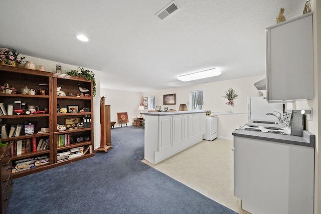 kitchen featuring dark countertops, visible vents, washer / dryer, a textured ceiling, and a sink