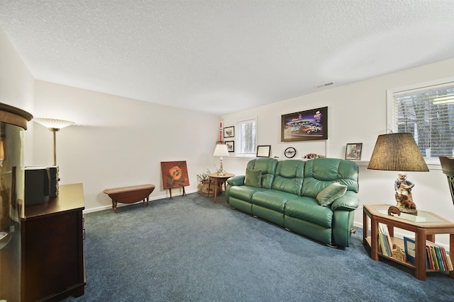 carpeted living area with a wealth of natural light, visible vents, baseboards, and a textured ceiling