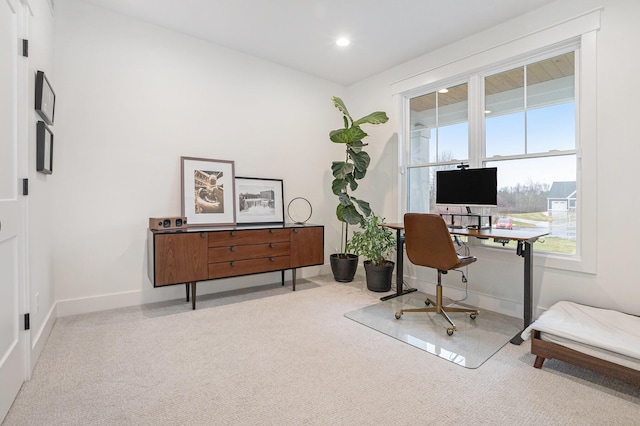 carpeted office featuring recessed lighting and baseboards