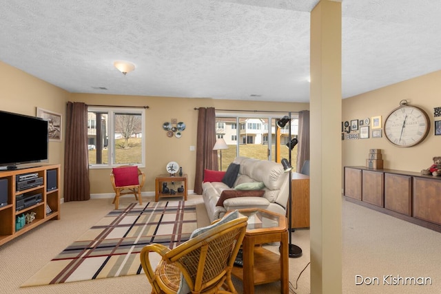 carpeted living area with baseboards and a textured ceiling