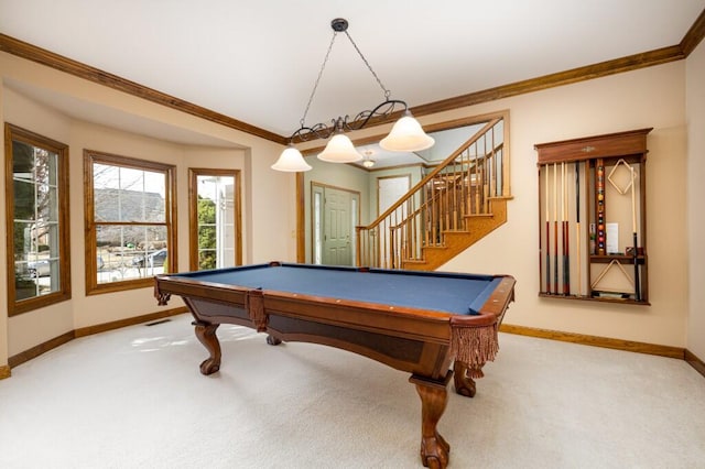 game room featuring carpet, visible vents, baseboards, ornamental molding, and pool table