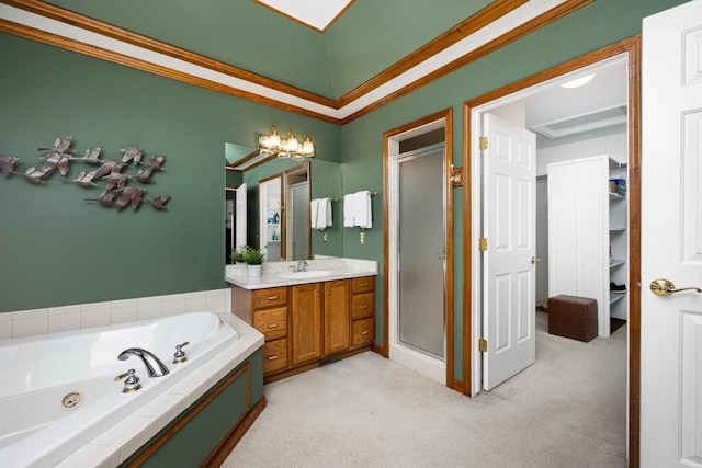 bathroom with vanity, a shower stall, and a jetted tub