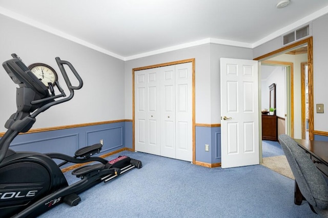 workout area with a wainscoted wall, crown molding, carpet flooring, and visible vents