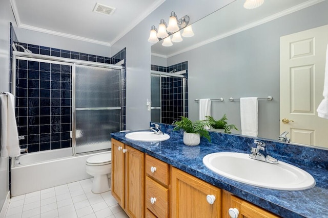 bathroom with tile patterned flooring, visible vents, ornamental molding, and a sink