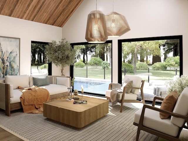 sunroom with wooden ceiling and vaulted ceiling