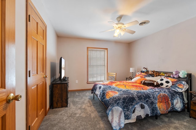 bedroom with visible vents, baseboards, ceiling fan, and carpet floors