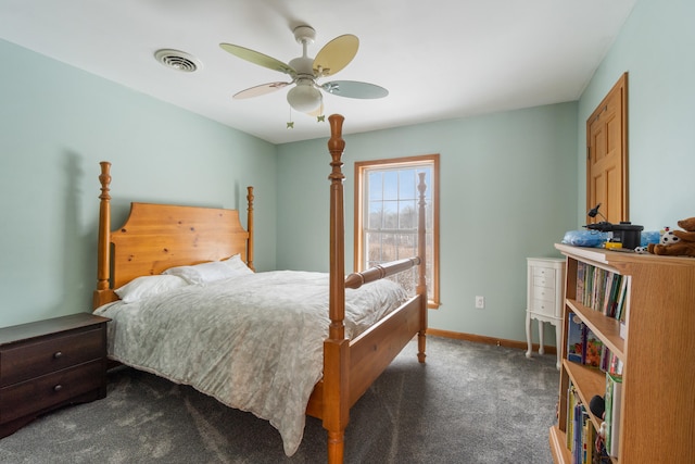 bedroom featuring visible vents, a ceiling fan, baseboards, and carpet floors