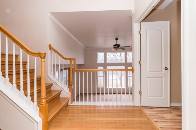 stairway featuring baseboards, crown molding, a ceiling fan, and wood finished floors