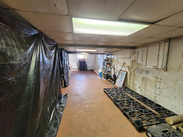 below grade area with a paneled ceiling and concrete block wall