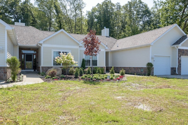 ranch-style house with stone siding, a front yard, an attached garage, and a chimney