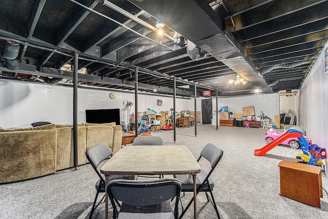 finished basement featuring carpet floors