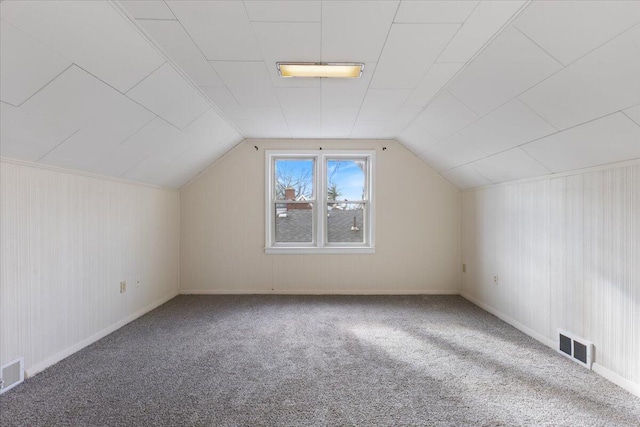 additional living space featuring visible vents, carpet, and vaulted ceiling