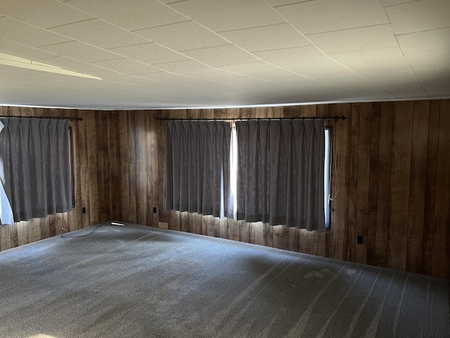 carpeted empty room with wooden walls