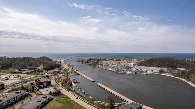 drone / aerial view featuring a water view