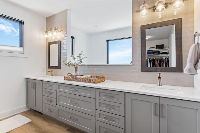 full bathroom featuring a sink, backsplash, wood finished floors, and double vanity