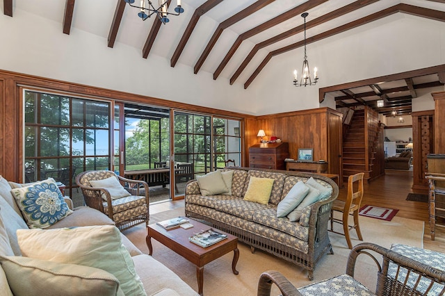 14598 Lakeshore Rd, Lakeside, MI 49116 - living room with beam ceiling, a notable chandelier, high vaulted ceiling, and wood finished floors
