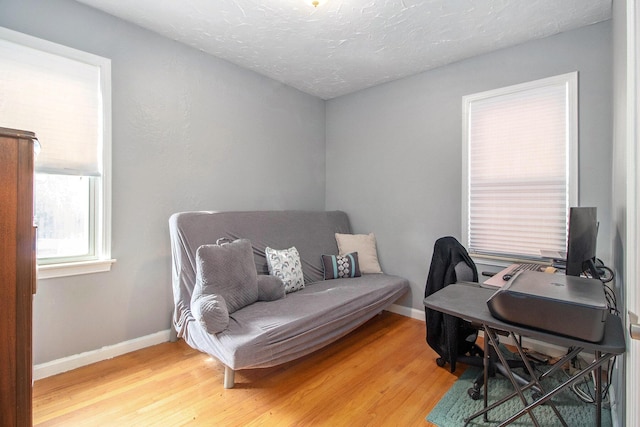 office space featuring light wood-style flooring, baseboards, and a textured ceiling