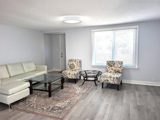 living room with a textured ceiling, baseboards, and wood finished floors