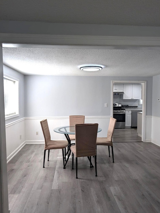 dining space featuring dark wood-style floors, a wainscoted wall, and a textured ceiling