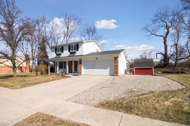 view of front of property featuring brick siding, a shed, a porch, driveway, and an attached garage