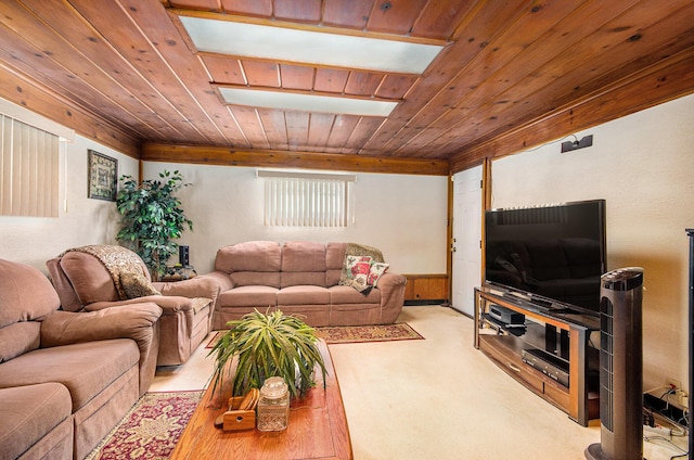 carpeted living room with wood ceiling