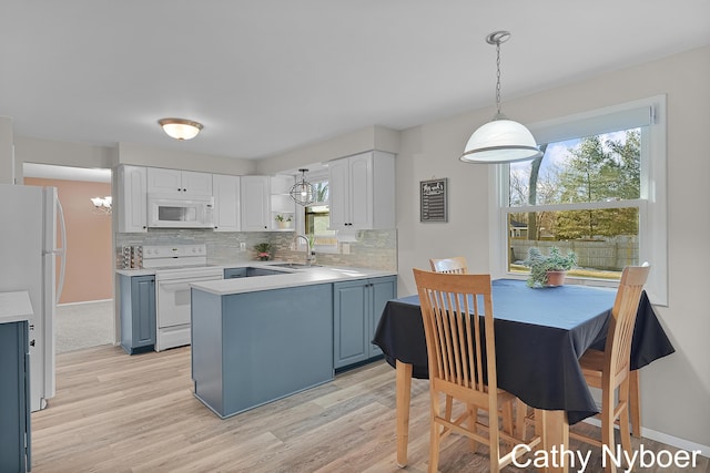 kitchen featuring a sink, white appliances, tasteful backsplash, and white cabinetry