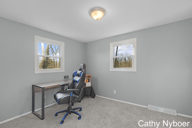 carpeted home office with visible vents, plenty of natural light, and baseboards