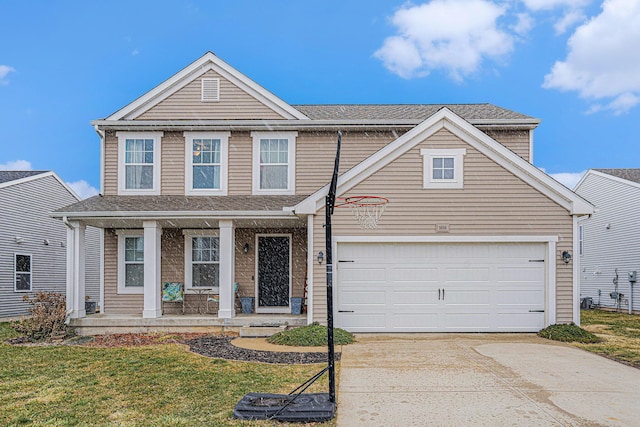 traditional-style home with a porch, a front yard, driveway, and roof with shingles