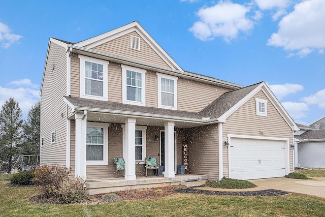 traditional-style home featuring a garage, covered porch, driveway, and a shingled roof