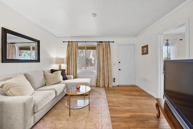 living room with baseboards, wood finished floors, and crown molding