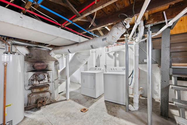 unfinished basement with independent washer and dryer and water heater