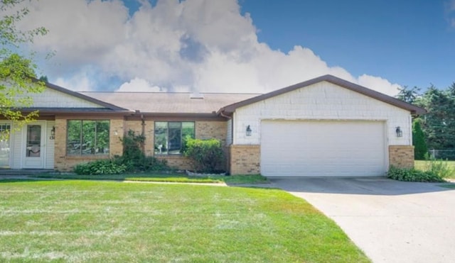 single story home featuring a front yard, brick siding, a garage, and driveway