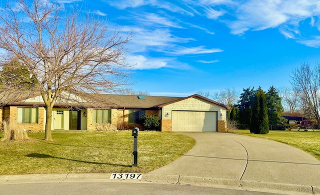 ranch-style house featuring brick siding, an attached garage, concrete driveway, and a front yard