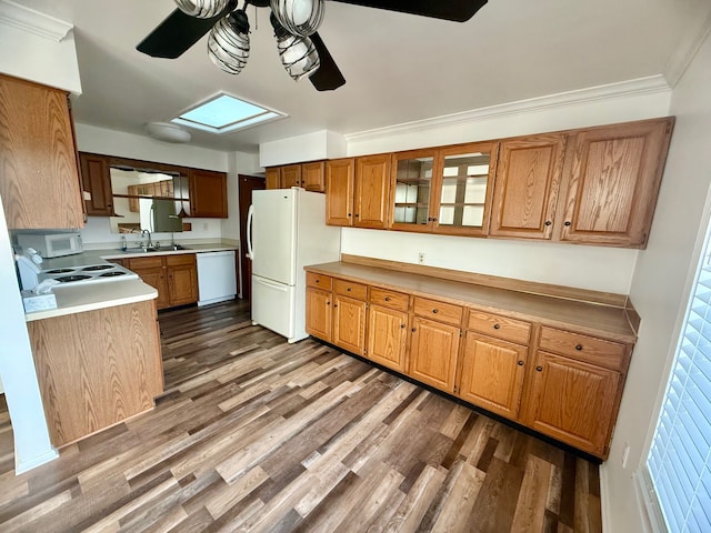 kitchen with dark wood-style floors, white appliances, glass insert cabinets, and ceiling fan