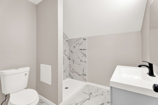 full bathroom featuring marble finish floor, a stall shower, toilet, and baseboards