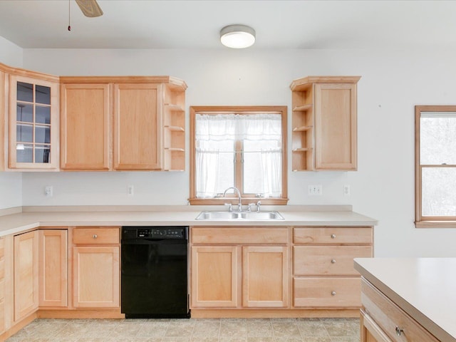 kitchen with light brown cabinets, open shelves, a sink, black dishwasher, and glass insert cabinets