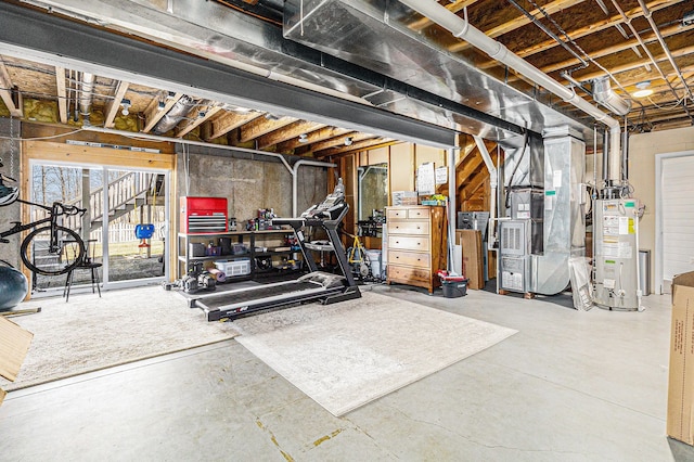 exercise room with heating unit and water heater