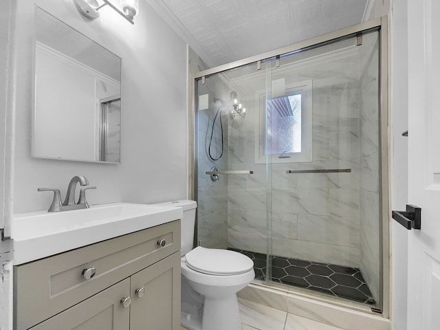 bathroom featuring a shower stall, toilet, and vanity