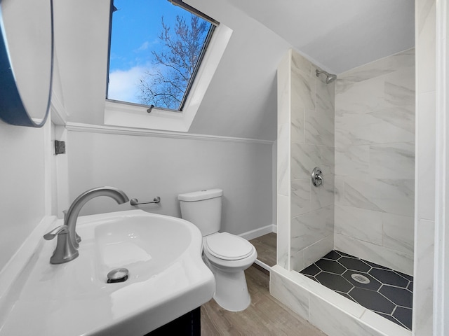 full bath featuring toilet, a stall shower, a skylight, wood finished floors, and vanity