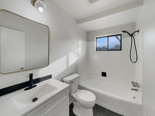 full bath with tub / shower combination, toilet, and vanity