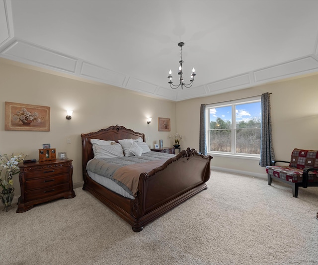 bedroom featuring a notable chandelier and carpet flooring