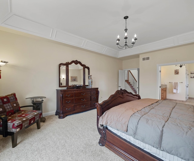 bedroom with visible vents, connected bathroom, carpet, baseboards, and a chandelier