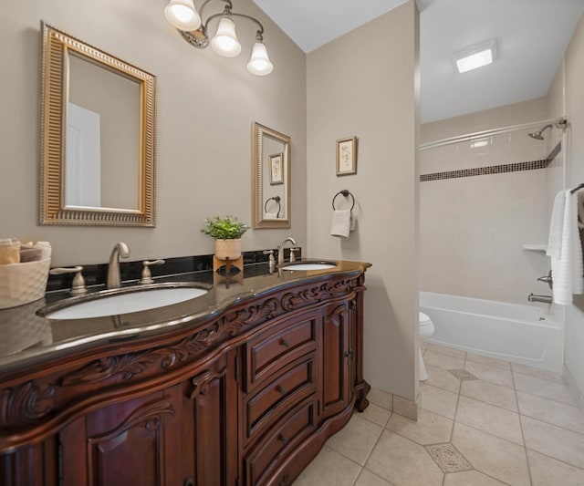 full bath featuring tile patterned floors, toilet, double vanity, and a sink