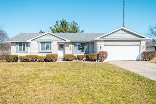 ranch-style house with brick siding, a shingled roof, a front lawn, a garage, and driveway