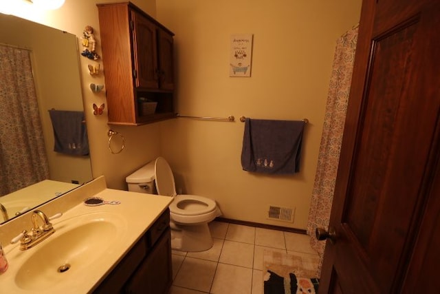 full bath featuring visible vents, toilet, tile patterned flooring, baseboards, and vanity