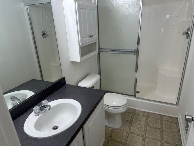 full bathroom with tile patterned floors, toilet, a stall shower, and vanity