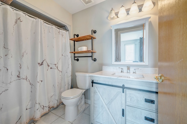 bathroom featuring visible vents, a shower with curtain, toilet, tile patterned flooring, and vanity