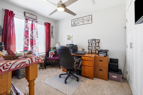 office featuring a ceiling fan and light carpet