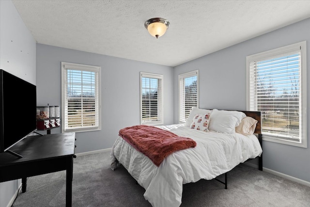 bedroom featuring baseboards, carpet, and a textured ceiling